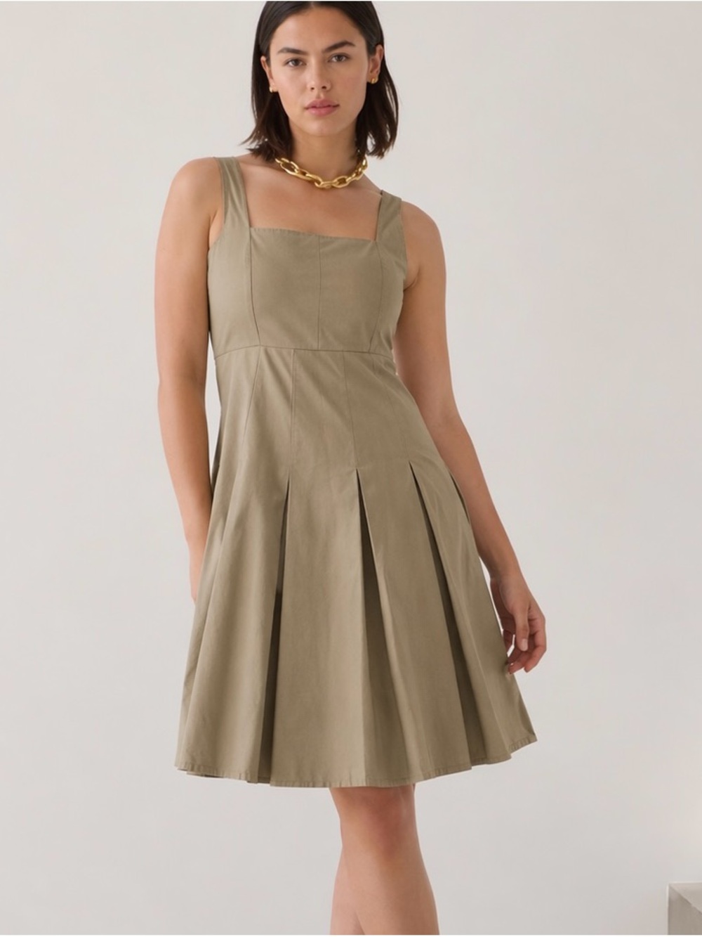 J. Crew Beige Square-Neck Pleated Midi Dress
